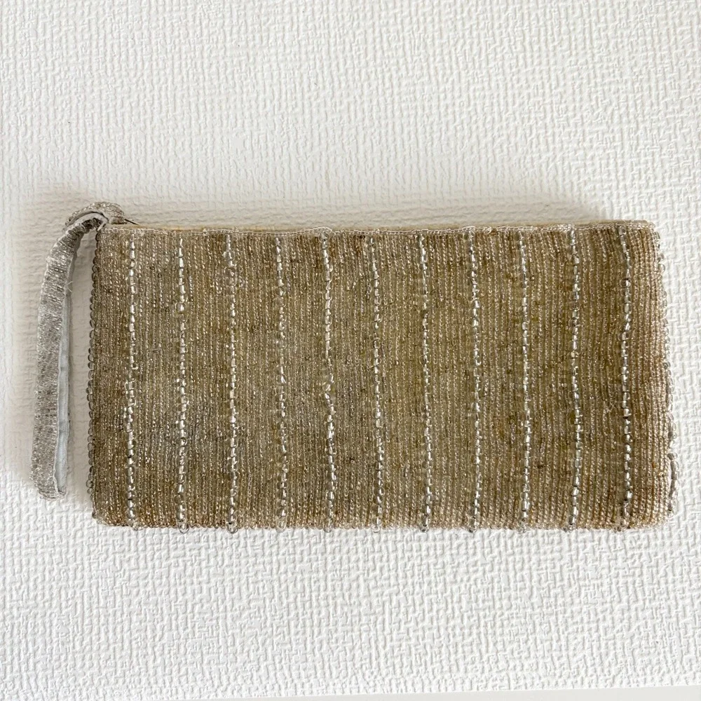 Vintage Wristlet Beaded Evening Clutch Bag Small Champagne Silver